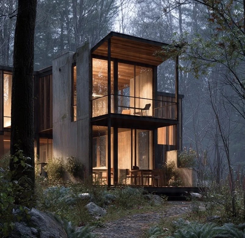 Render de cabaña en bosque
